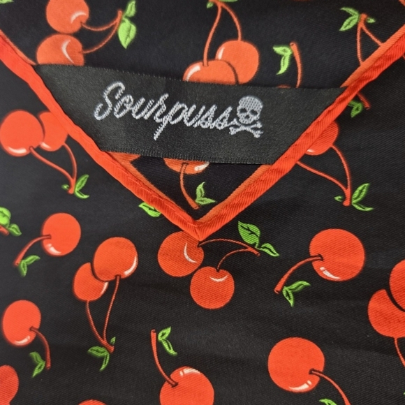 🍒"Bad Gal" Sourpuss Cherry Print Scarf Oblong Retro Style 44" x 16" - Picture 4 of 7